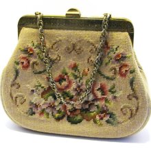 vintage cream and roses needlepoint purse