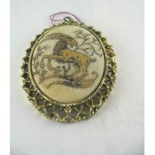 Vintage Goat Pendant With Metal Filigree Edging