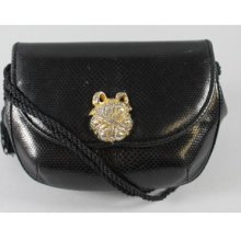 Vintage Judith Leiber Black Karung Leather Jeweled Brooch Detail Evening Handbag