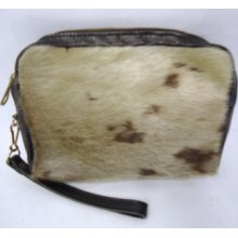 Vintage Leather And Real Fur Clutch Bag With Hand Strap Festival