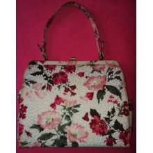 Vintage pink floral printed Soure' hand bag with white beading all over the front.