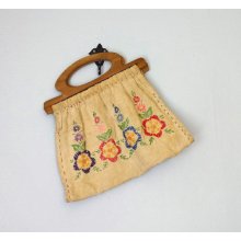 Vintage ROSNAVA Purse / 1970s Handbag / Wooden Handle Purse / Hand Embroidered Bag