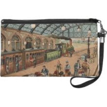 Vintage Steam train and station Wristlet Clutch