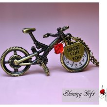 vintage style bicycle Pocket watch Necklace with loving heart and red cystal