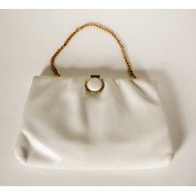 Vintage White Leather Clutch Cream With Chain