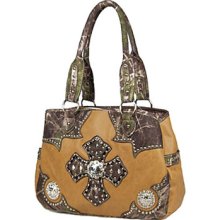 Western Style Camo Cross Logo Rhinestone Satchel Handbag Purse Taupe