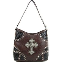 Western Style Cross Rhinestone Flower Emboss Shoulder Bag Handbag Purse Coffee