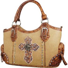 Western Style Fashion Faux Leather Cross Studs Hobo Handbag Purse Tan