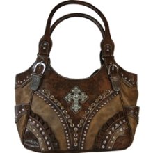 Western Style Purse Tooled Faux Leather Hobo Bag with Rhinestone Cross