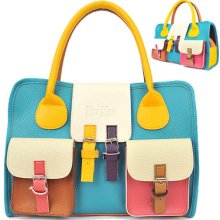 Western Vintage Color Block Pu Leather Satchel Clutch Handbag Shoulder Bag Purse