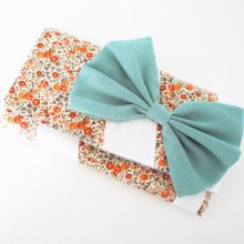 White and Rust Floral Patchwork Trifold Clutch Wallet with Seafoam Bow