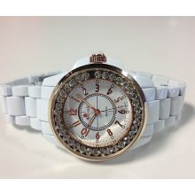 White Bracelet Ladies Versales Iced Out Bezel Bling Dress Glitz Watch 4952