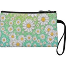 White Daisies on Blue Green Background Wristlet Purses