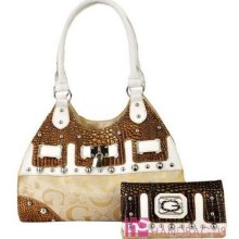 White Jacquard Signature Padlock Alligator Trim Studs Hobo Bag Wallet Set