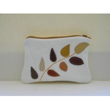 White Leather Zippered Make Up Pouch, Small Purse, Exclusive Decoration