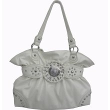 White Reptile Leather Celebrity Handbag Rhinestones Silver Studs & Medallion - Leather - White