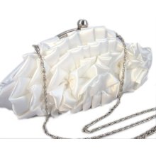 White Satin Evening Bag Pleated Flower Clutch Purse Bridal W/ Chain