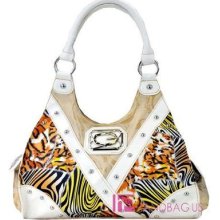 White Signature Jacquard Zebra Patchwork Studs Pocket Hobo Handbag Purse Bag