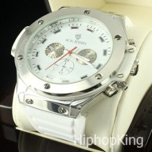 White Silver Thick Round Case Circle Analog Dial Hip Hop Watch Silicone Strap