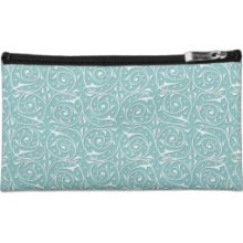 White Swirling Vines on Turquoise Cosmetics Bags