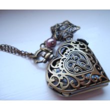 Wire Wrapped Star and Heart Pocket Watch Antique Gold Necklace with Brown Pearl