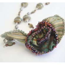 Wire Wrapping Beaded Necklace with Fabric Flower Accent - Batik Moss Copper Silver