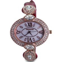 Women CZ Diamond White Dial Red Leather Rose Tone Quartz Watch ...