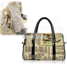 Women Fashion Newspaper Pattern Canvas Shoulder Bag Cross Body Handbag S0bz