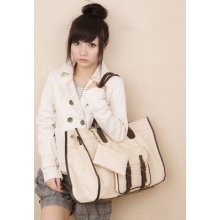 Women Fashion Retro Pockets Decorate Zipper Shoulder Bag Handbag Black,beige
