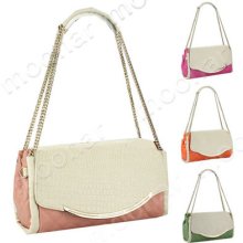 Women Pu Leather Color Block Sling Bags Buckle Chain Shoulders Purses Shoulders