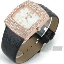 Women Square Black Pu Leather Strap Rhinestone Crystal Quartz Wrist Watch