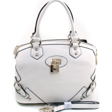 Women's Belted Satchel W/ Logo Lock & Gold Accents - Cream