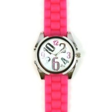 Womens Casual Colorful Pop Color Metal Silcone Strap Analog Wrist Watch Pink