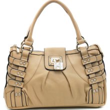 Women's Strapped & Studded Shoulder Bag W/ Lock Accent - Tan