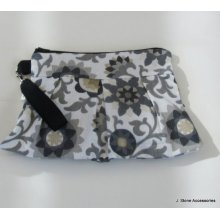 Women's Wristlet, Pleated Wristlet, Creme, Grey, Tan and Black Floral Print Pleated Wristlet