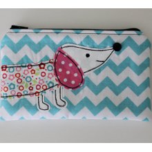 Wrap-Around Wiener Dog Applique Zipper Pouch - Aqua Chevron