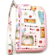 Wrap Around Zipper Gadget Cell Phone Case Wristlet Sewing and Cats on Pink