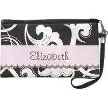 Your Name Classy Swirls Flowers Black White Pink Wristlet Clutches