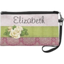 Your Name Renaissance Damask Pink White Green Wristlet Clutch