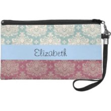 Your Name Renaissance Damask Pink White Blue Wristlet Clutches