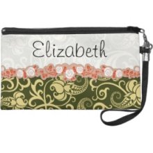 Your Name Renaissance Damask Green Yellow Red Wristlet Purse