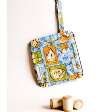 Zippered Wristlet, Purse, Blue Orange Bird Houses by Chapulin