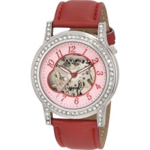 Akribos XXIV Women's Bravura Open Heart Skeleton Automatic Dress Red L