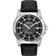 Bulova Men`s Precisionist Watch With Leather Strap And Black Patterned Dial