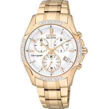Citizen Ladies Eco-Drive Gold Tone Stainless Steel Case and Bracelet White Dial Chronograph Diamond Accented Bezel FB1253-54A
