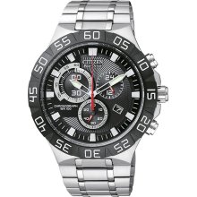 Citizen Men's Stainless Steel Black Dial Eco-Drive Quartz Chronograph AT2090-51E