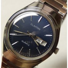 Clinton Men's Silver 9Jwl Quartz Dual Calendar Blue Dial Watch w/ Bracelet