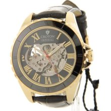 Croton Imperial Black Leather Gold Tone Automatic Movement Ceramic Dia