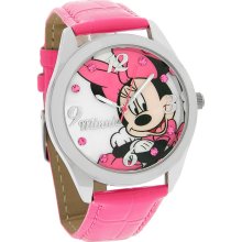 Disney Minnie Mouse Ladies Crystal Pink Leather Strap Quartz Watch MINAQ256