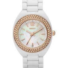 DKNY Women's White Crystal White Mother Of Pearl Dial White Plast ...